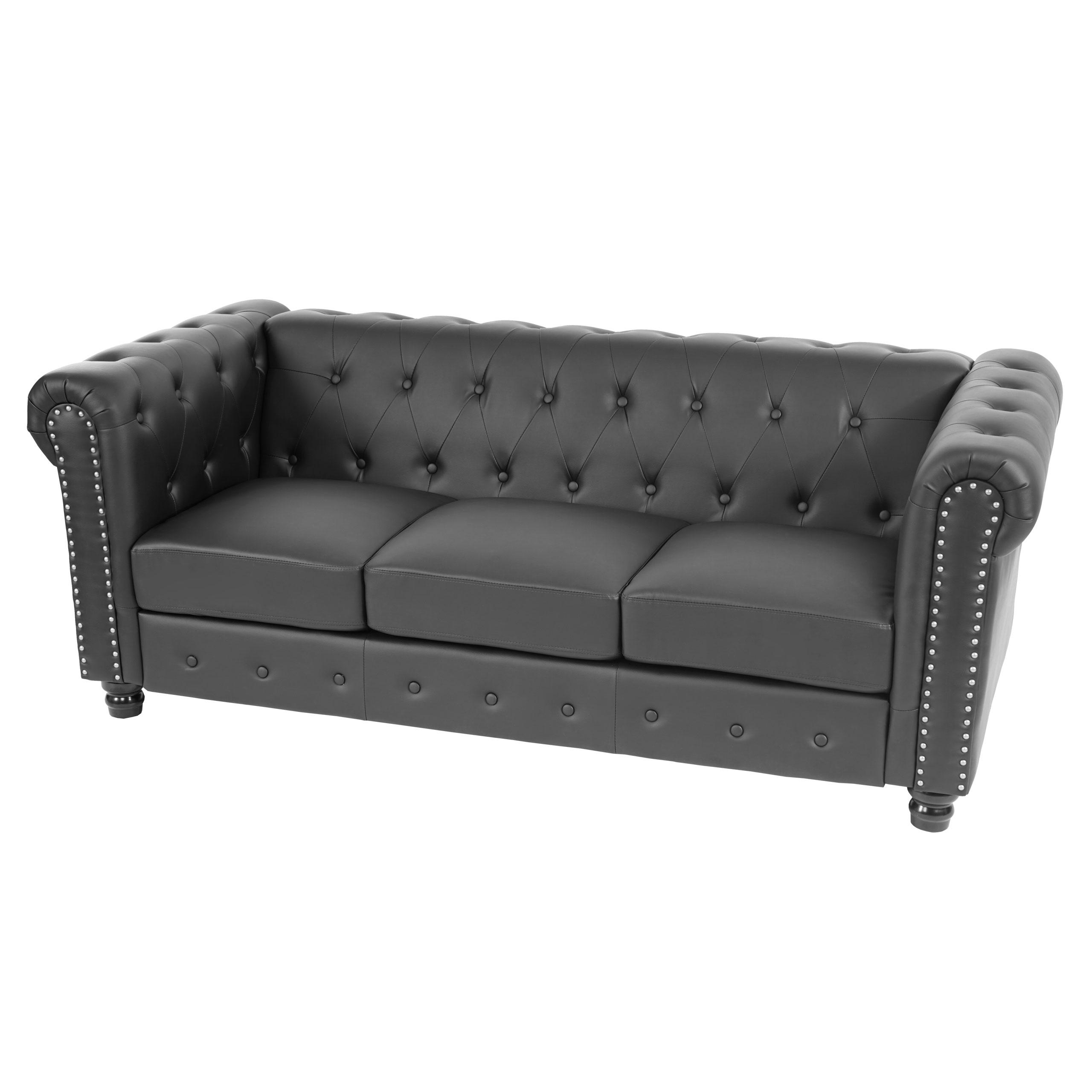 Sofá de 3 Plazas CHESTER, Diseño Clásico y Elegante, En Piel, Patas Redondeadas, Color Negro
