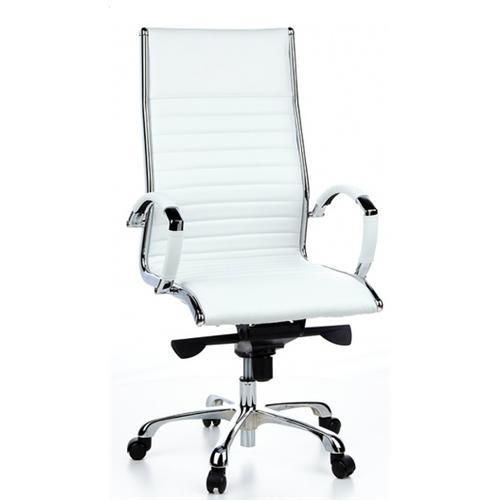 DEMO# Preciosa silla de Diseño PALMA, Muy elegante en Cuero Fino, ergonómica y cromada, color Blanco