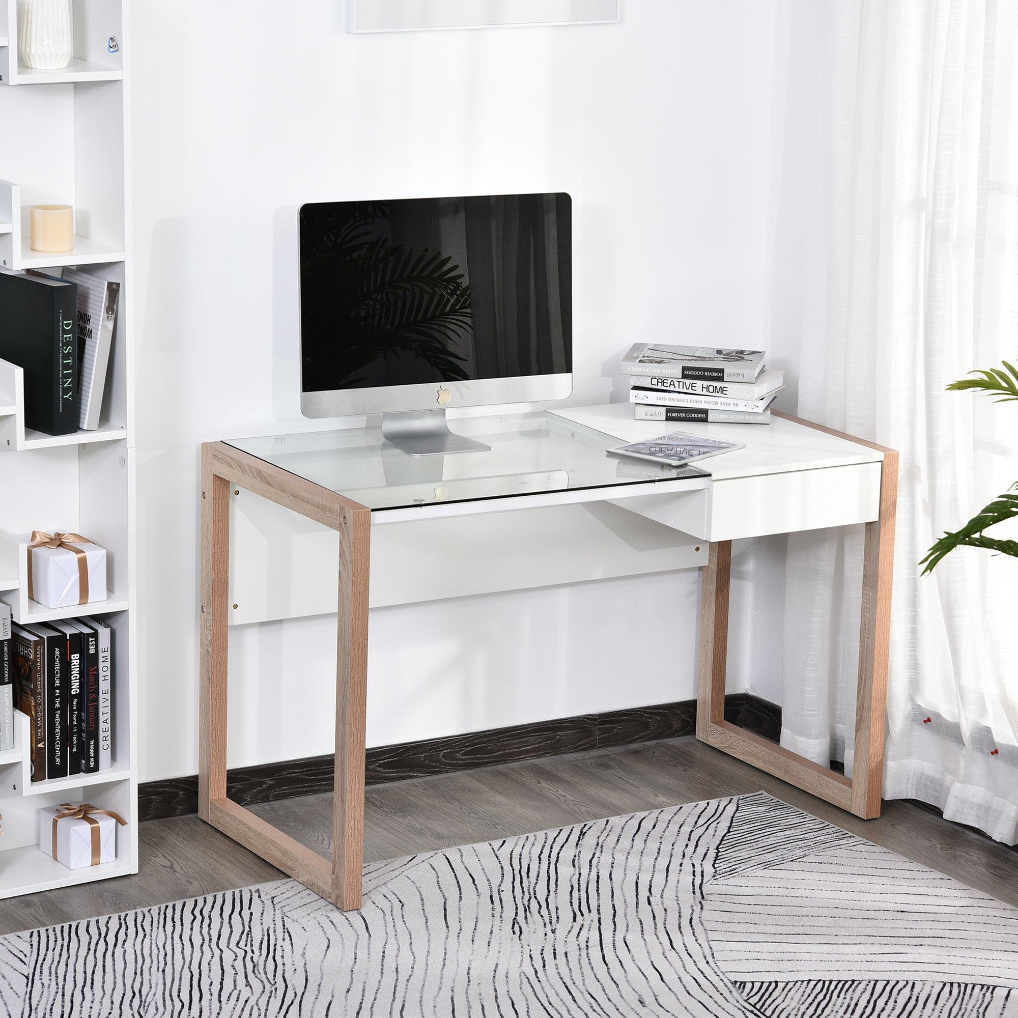 Mesa de ordenador MICHIGAN, 120x60x75 cm, Diseño Exclusivo, en Vidrio y Madera, color Blanco
