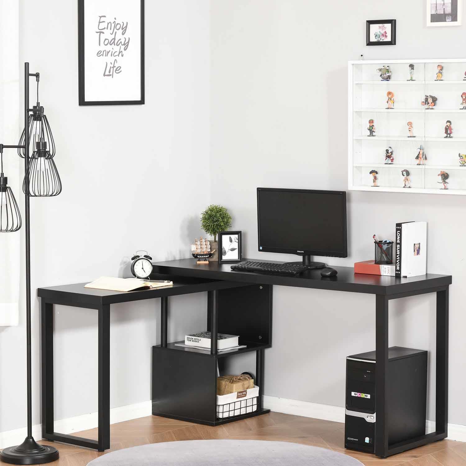 Mesa de Oficina BARTON, 220x55x76 cm, Giratoria, con Estantes, en Metal y Madera color Negro