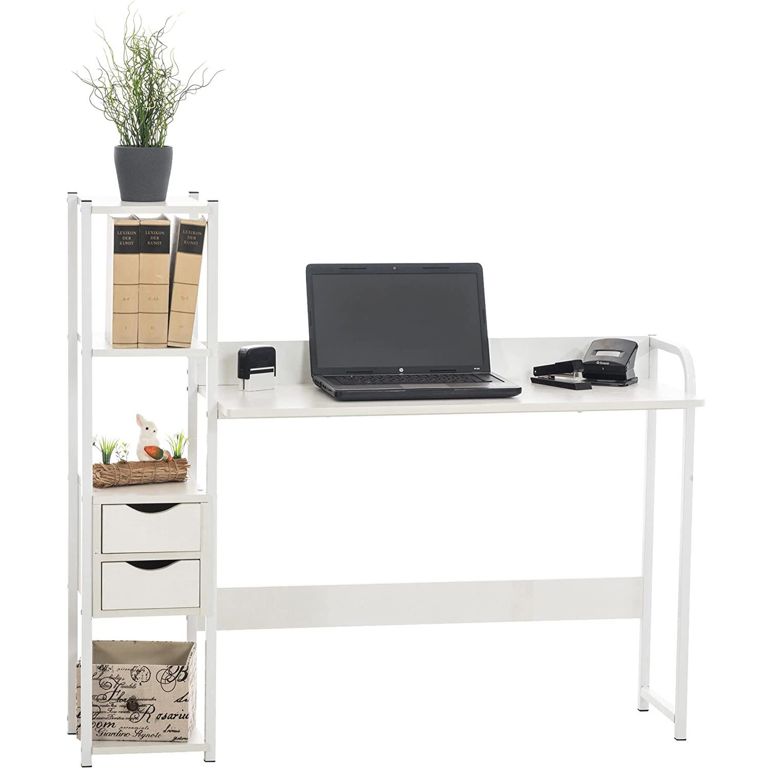 Mesa de Oficina SIDE, con Cajones y Estantes, 124x40x111 cm, en Metal y Madera color Blanco