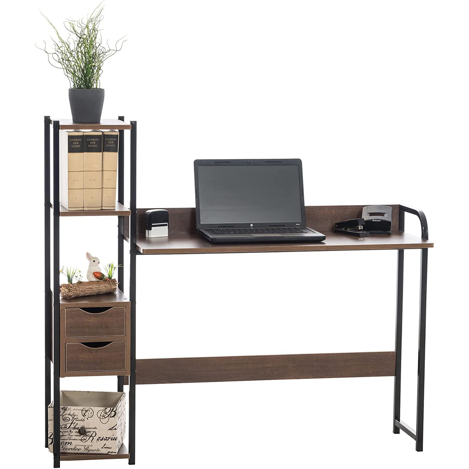 Mesa de Oficina SIDE, con Cajones y Estantes, 124x40x111 cm, en Metal y Madera color Nogal