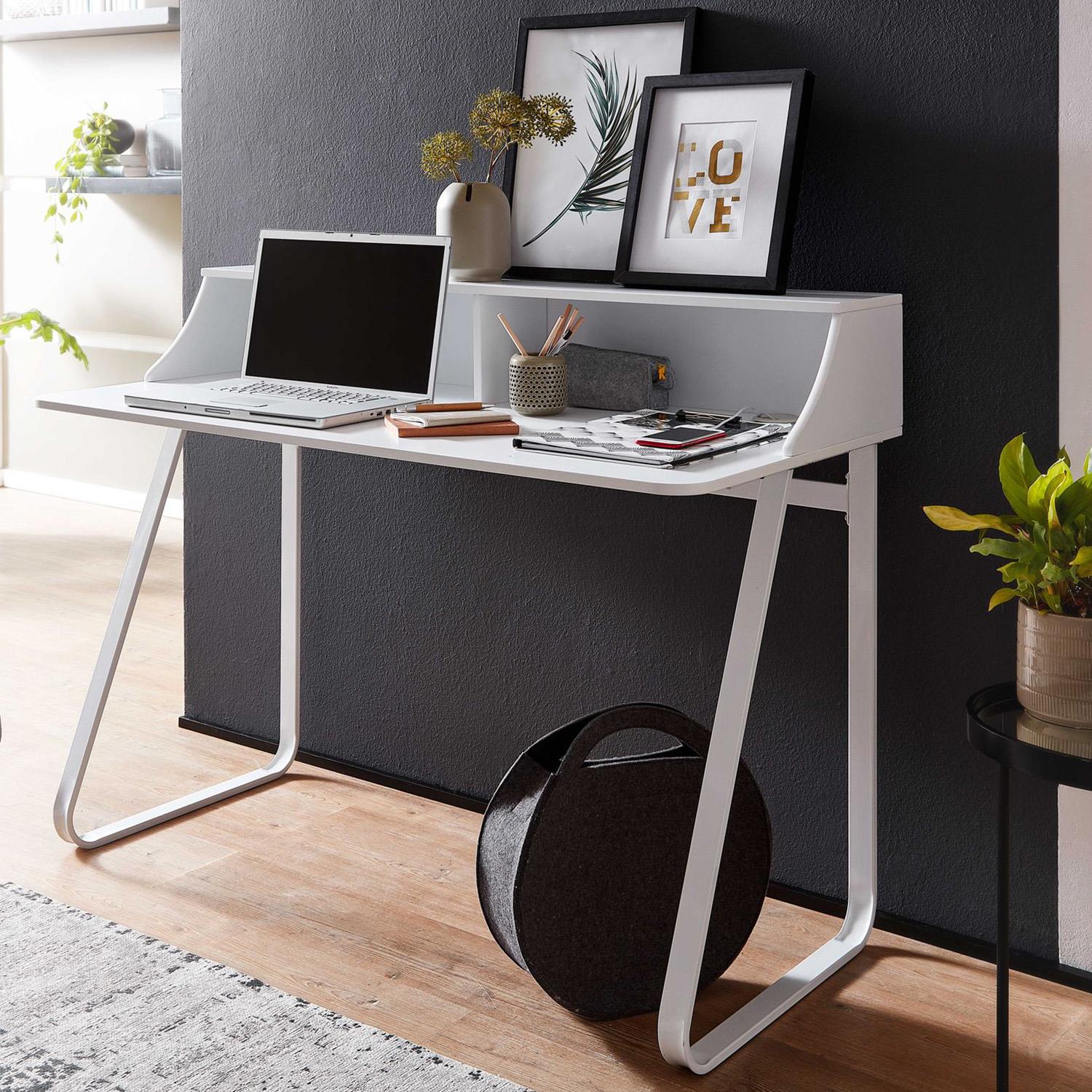 Mesa para Ordenador ROUNDY, 120x60x92 cm, Diseño Moderno, en Metal y Madera color Blanco