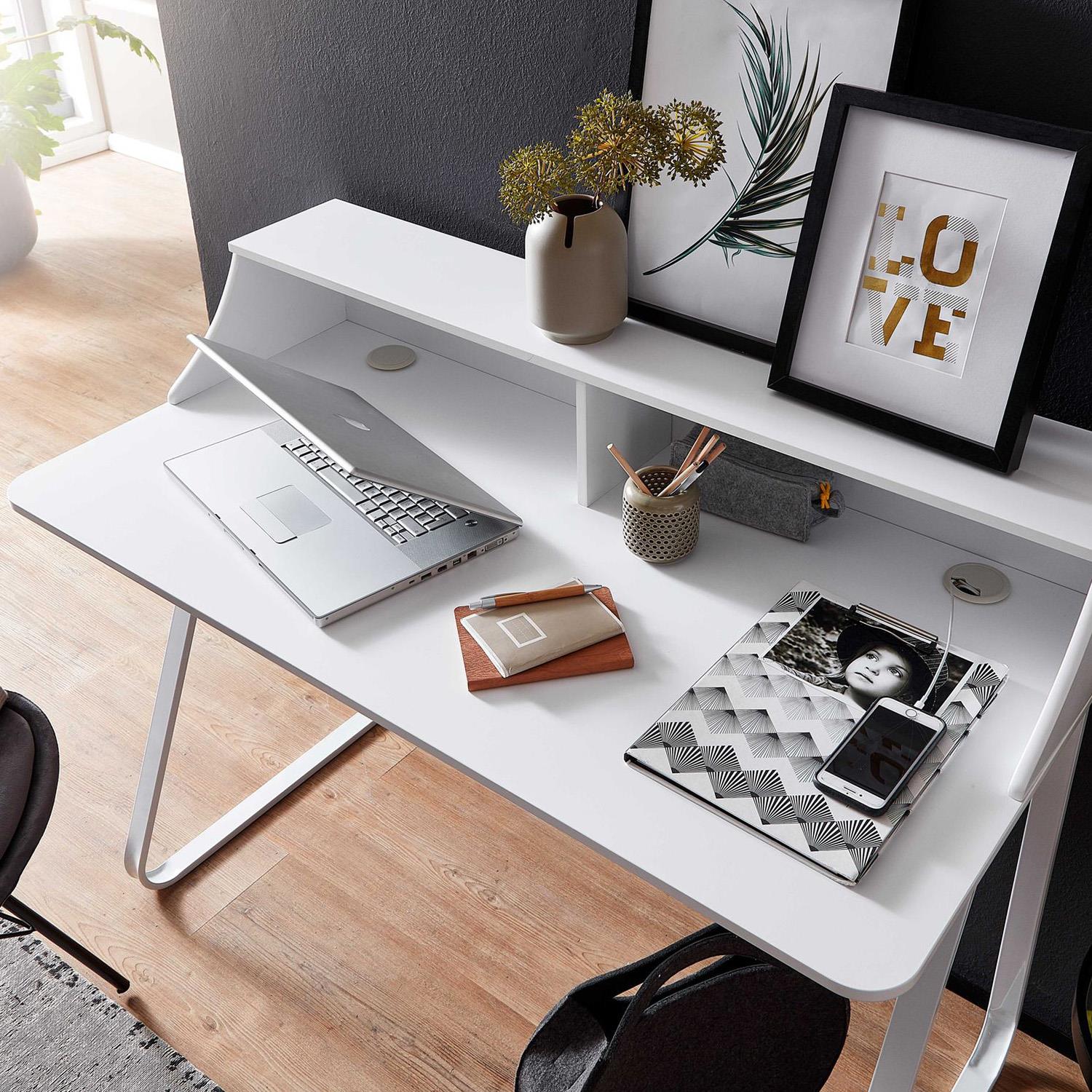 Mesa para Ordenador ROUNDY, Diseño Moderno, en Metal y Madera color Blanco  