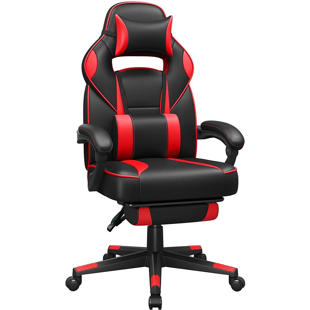 Silla Gaming ROBIN con Reposapiés, Cojines Lumbar y Cervical, en Piel Negra y Roja