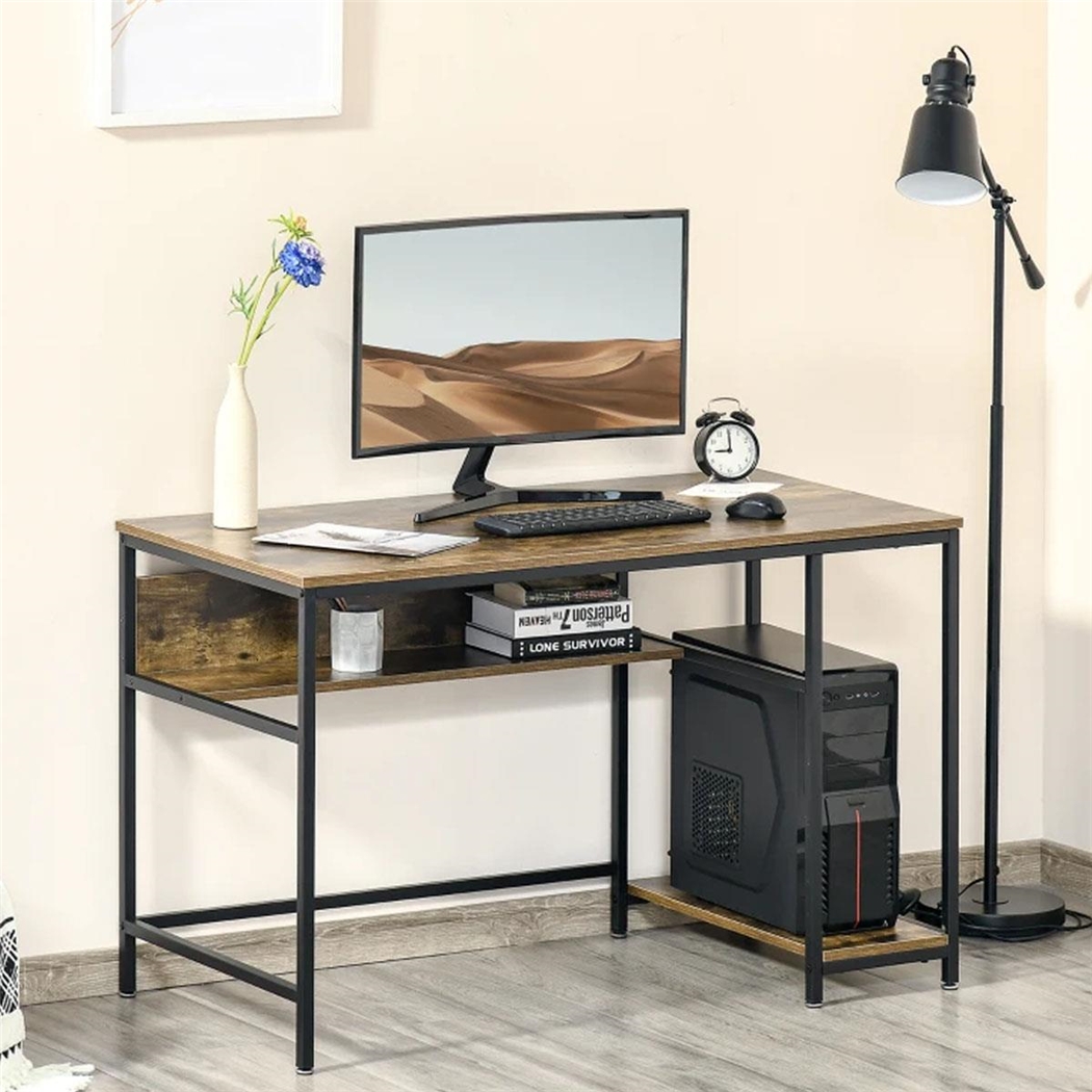 Mesa de Oficina BRETON, con Amplios Estantes, 120x60x75 cm, en Metal y Madera color Nogal