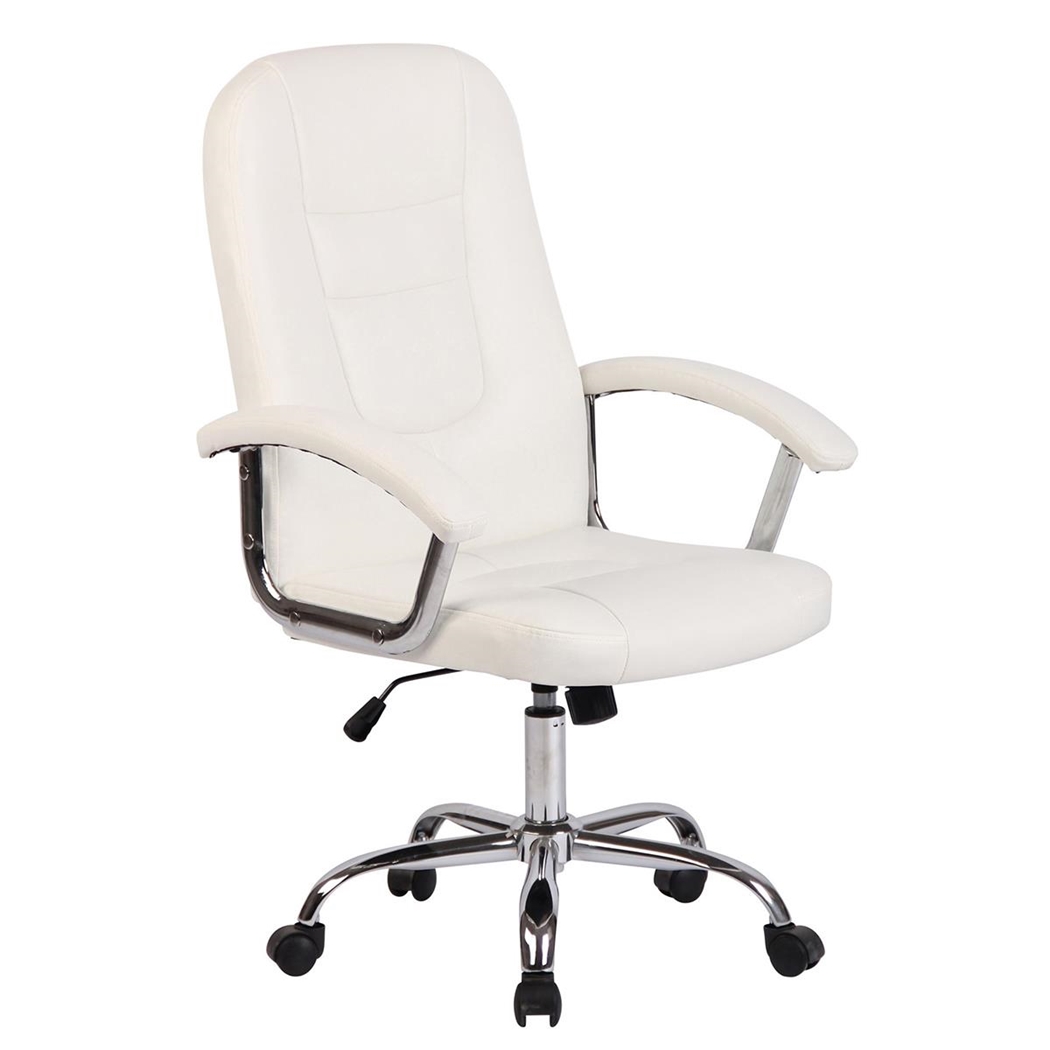 Silla de Oficina TRAVIS, Grueso Acolchado, Base Metálica, Tapizada en Piel color Blanco