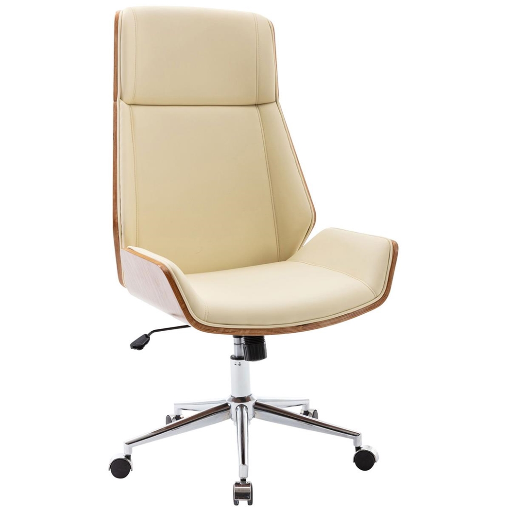 Silla de Oficina KINGSTON, Elegante Diseño, Reposacabezas Integrado, en Madera Nogal y Piel color Crema