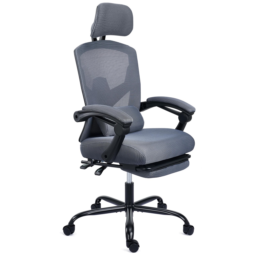 DEMO# Silla de Oficina DELTA, Reposapiés Extensible, Cojín Lumbar, Reclinable, En Gris