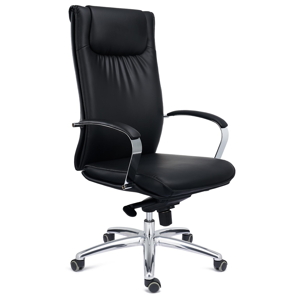 DEMO# Sillón de Oficina SENATOR, Elegante Diseño, Gran Confort, Base de Aluminio, En Piel Negra