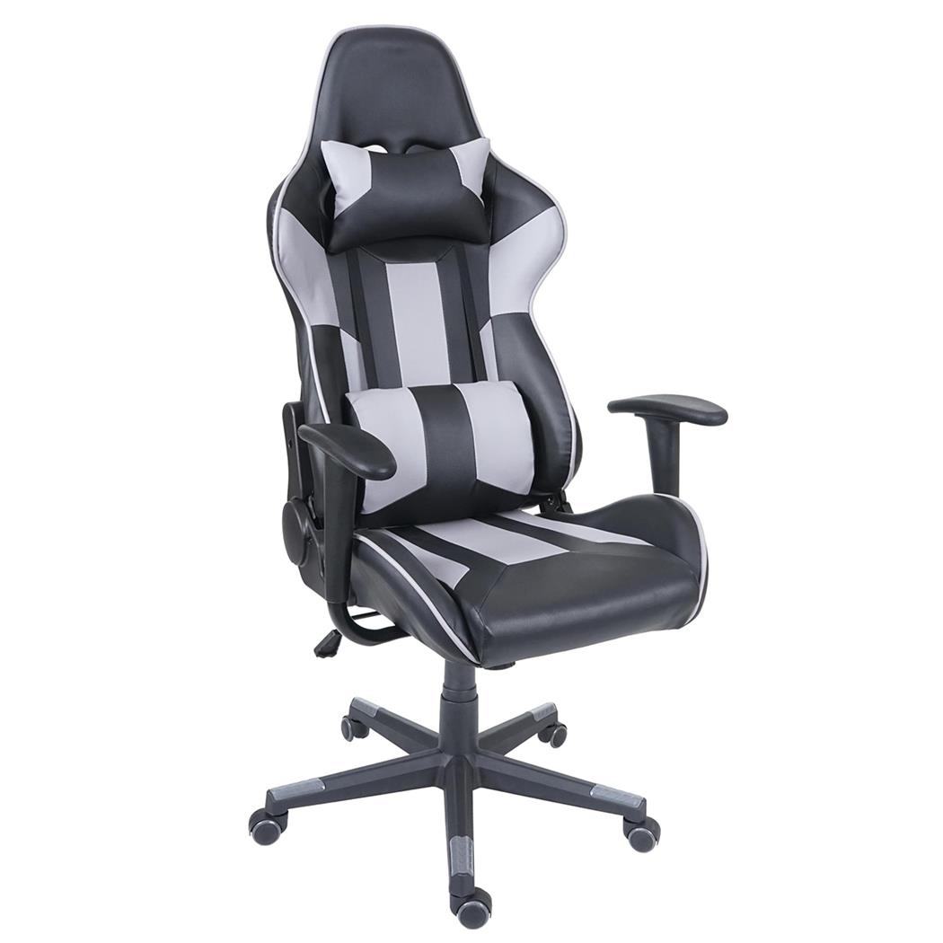 Silla Gaming CAMTON, Respaldo Reclinable, con Cojines, en Piel Negro/Gris