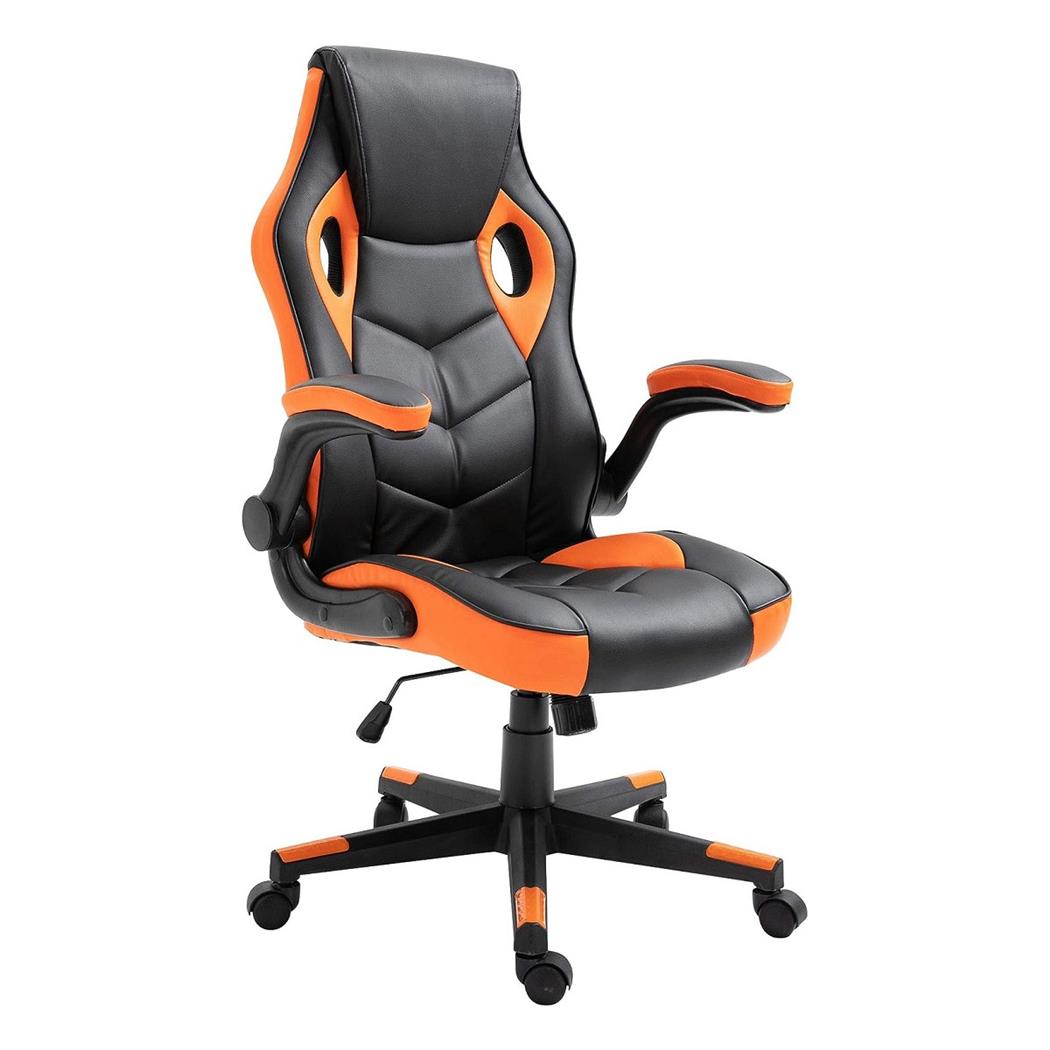 Silla Gaming MAX, Grueso Acolchado, Reposabrazos Abatibles, en Piel color Naranja