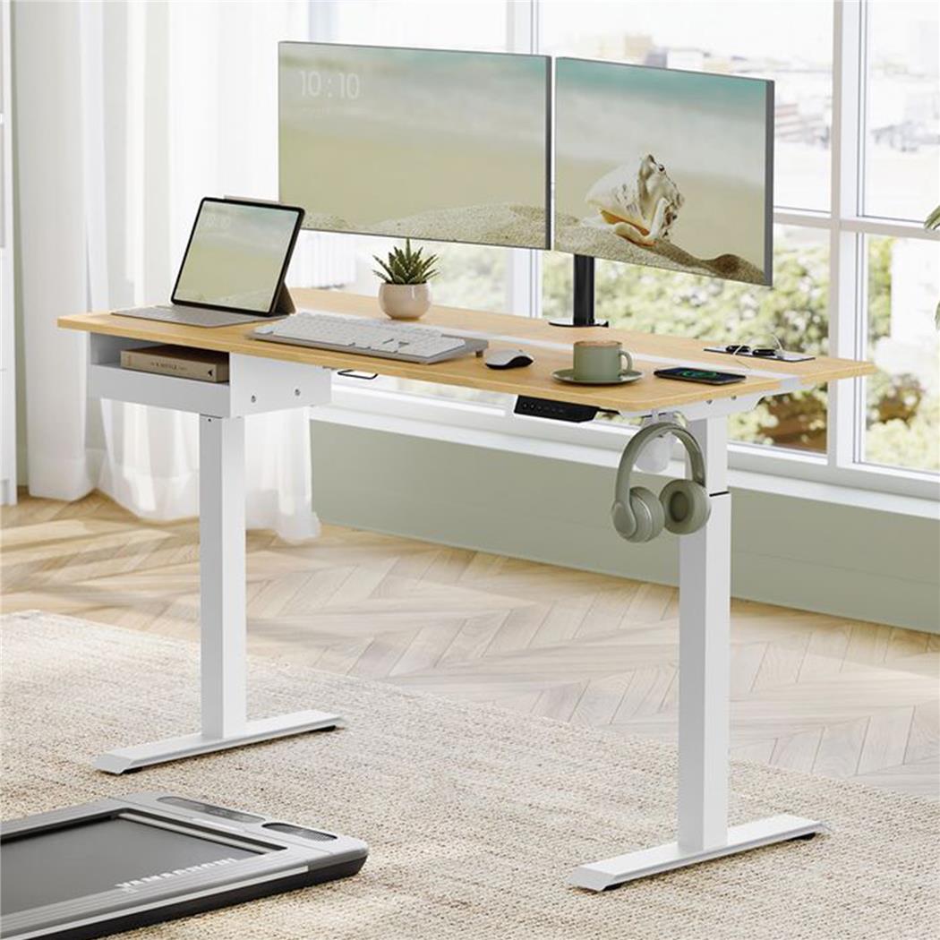 Mesa Elevable EVEREST, 140x60x72-120 cm, Altura Regulable, en color Natural y Blanco