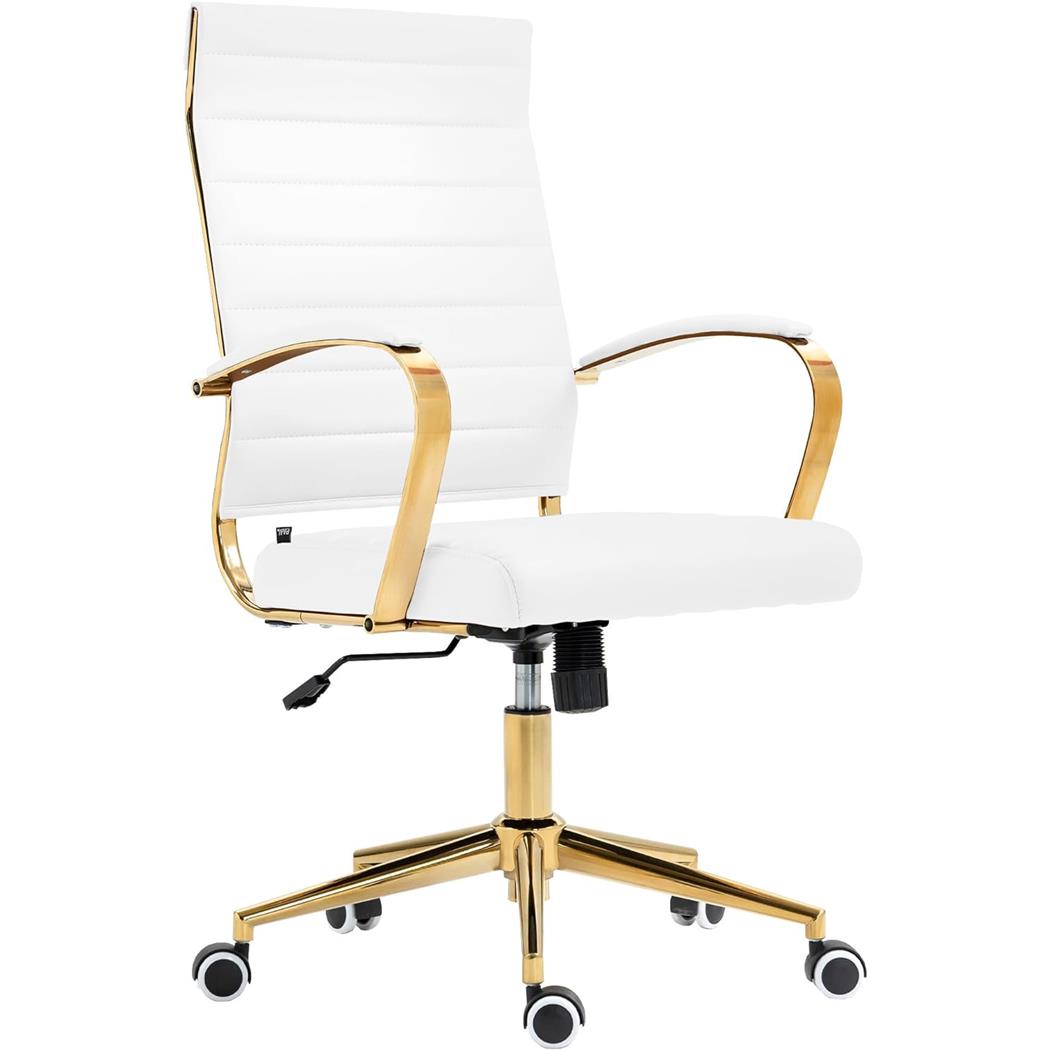 Silla de Oficina KENNETH, Diseño Elegante, Estructura Metálica Dorada, en Piel color Blanco