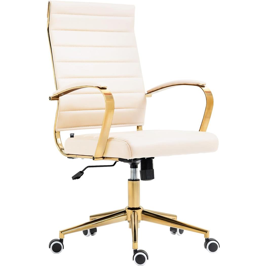 Silla de Oficina KENNETH, Diseño Elegante, Estructura Metálica Dorada, en Piel color Crema