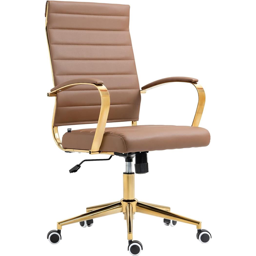 Silla de Oficina KENNETH, Diseño Elegante, Estructura Metálica Dorada, en Piel color Marrón Claro