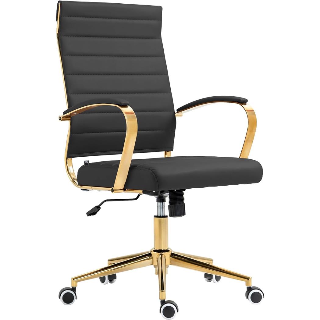 Silla de Oficina KENNETH, Diseño Elegante, Estructura Metálica Dorada, en Piel color Negro