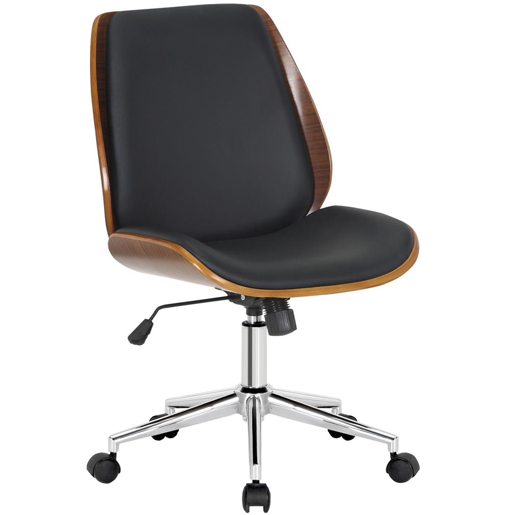 Silla de Oficina LEAN, Marco de Madera, Base Cromada, en Piel color Negro
