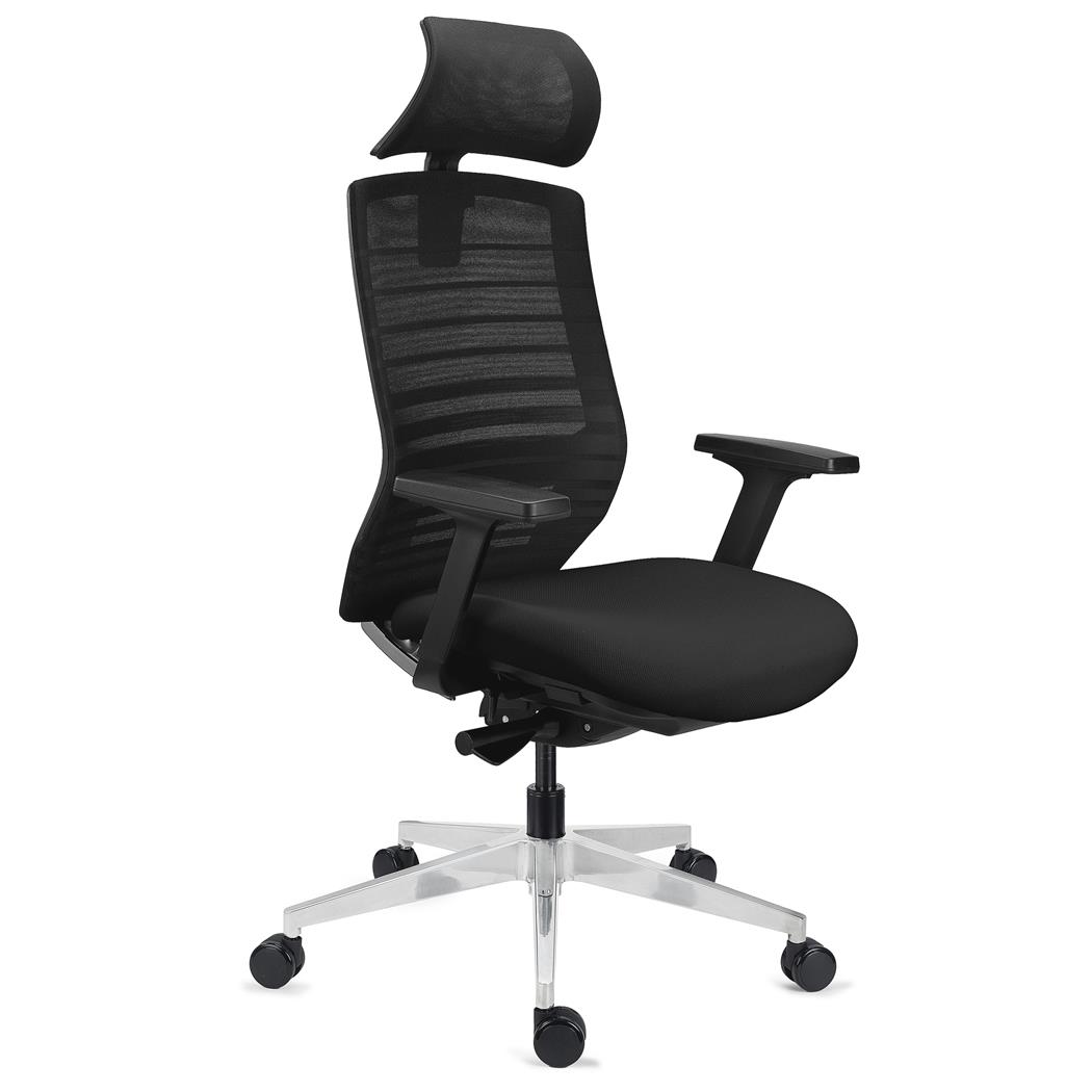 DEMO# Silla Ergonómica TAURUS, Reposacabezas, Soporte Lumbar, Base Metálica Cromada, Uso 8h, en Malla Negra