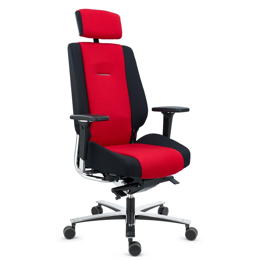 Silla Ergonómica KRATOS, Uso 24H, Máxima Comodidad y Durabilidad, Totalmente Certificada, Tela Negro y Rojo