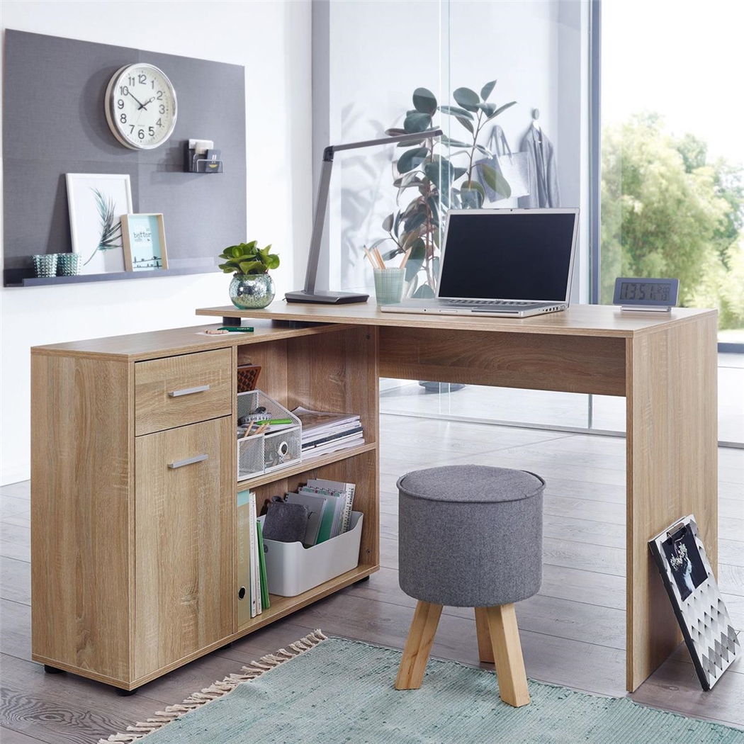 DEMO# Mesa de Oficina METEORA, 120x106x75 cm, con Estantes y Cajones, en Madera color Roble