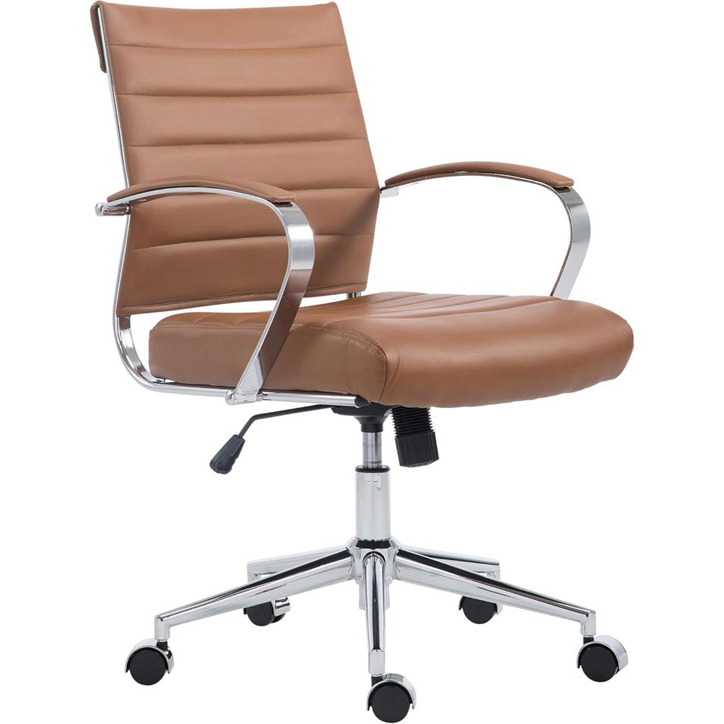 Silla de Oficina EVERY, Diseño Elegante, Estructura Metálica, en Piel Sintética color Marrón claro