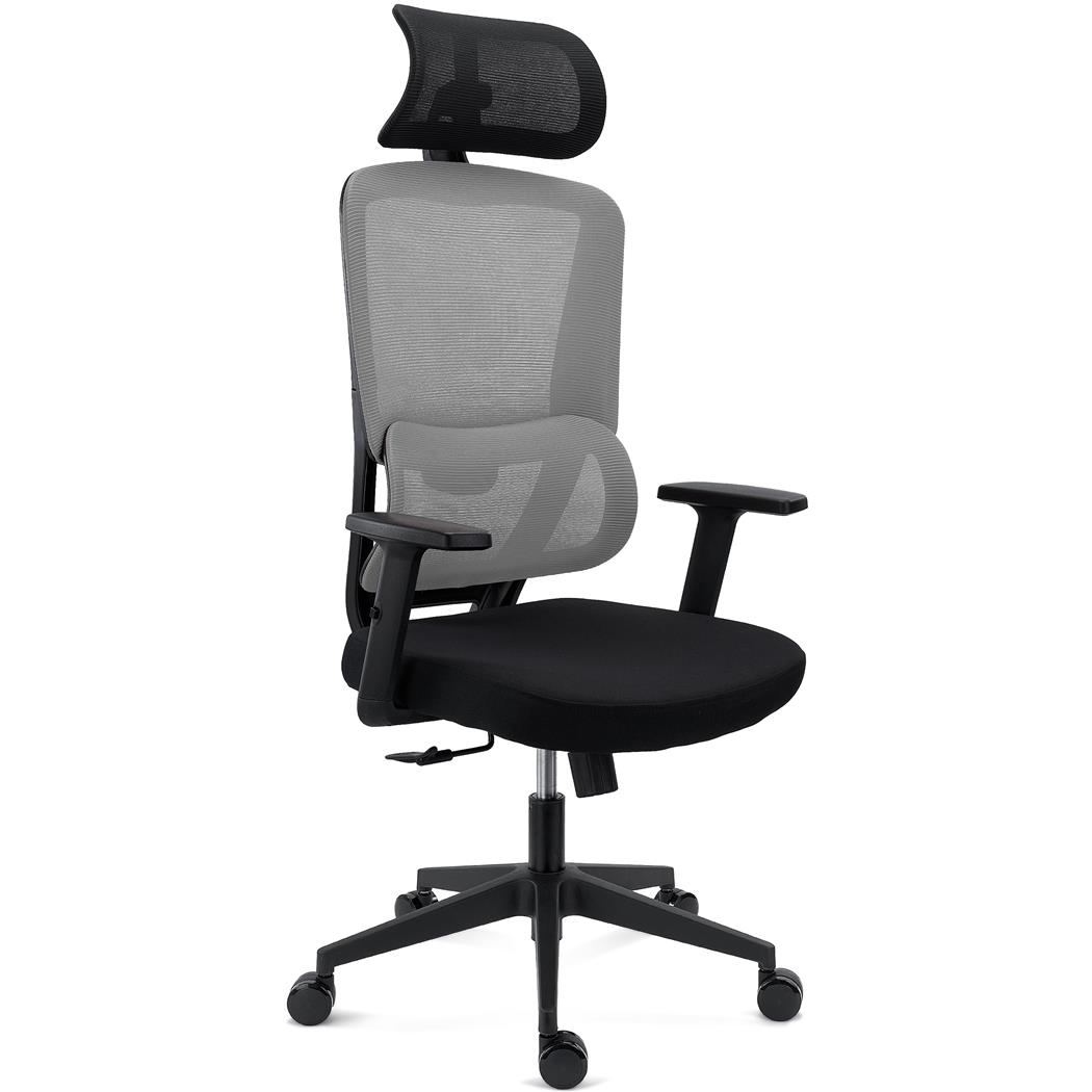 Silla Ergonómica SUPRA, Reposacabezas, Soporte Lumbar Adaptable, Uso 8H, Tela y Malla, Gris