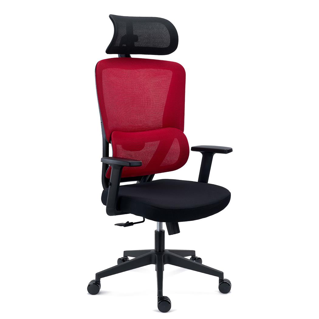 Silla Ergonómica SUPRA, Reposacabezas, Soporte Lumbar Adaptable, Uso 8H, Tela y Malla, Rojo