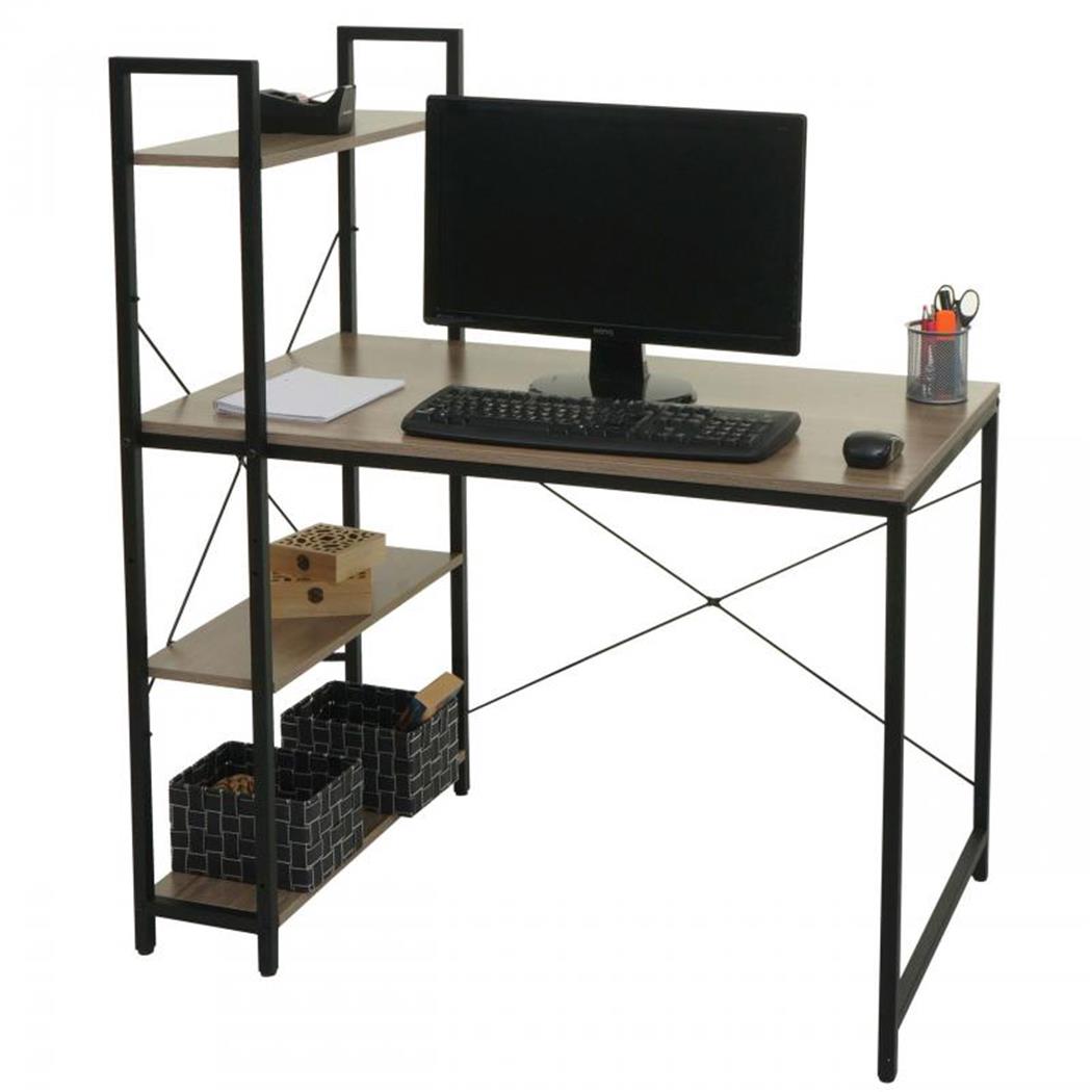 Mesa de Oficina NORMAN 100x60x72 cm, Estantería Incluida, en Madera y Metal, color Gris Marrón