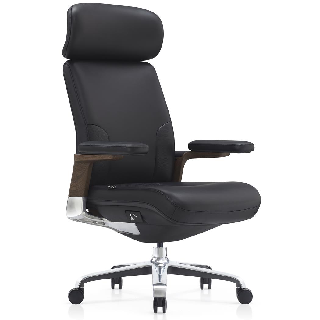 DEMO# Sillón de Oficina SOPRANO, Inserciones Madera, Lujo y Exclusividad, 100% Cuero Auténtico, Negro
