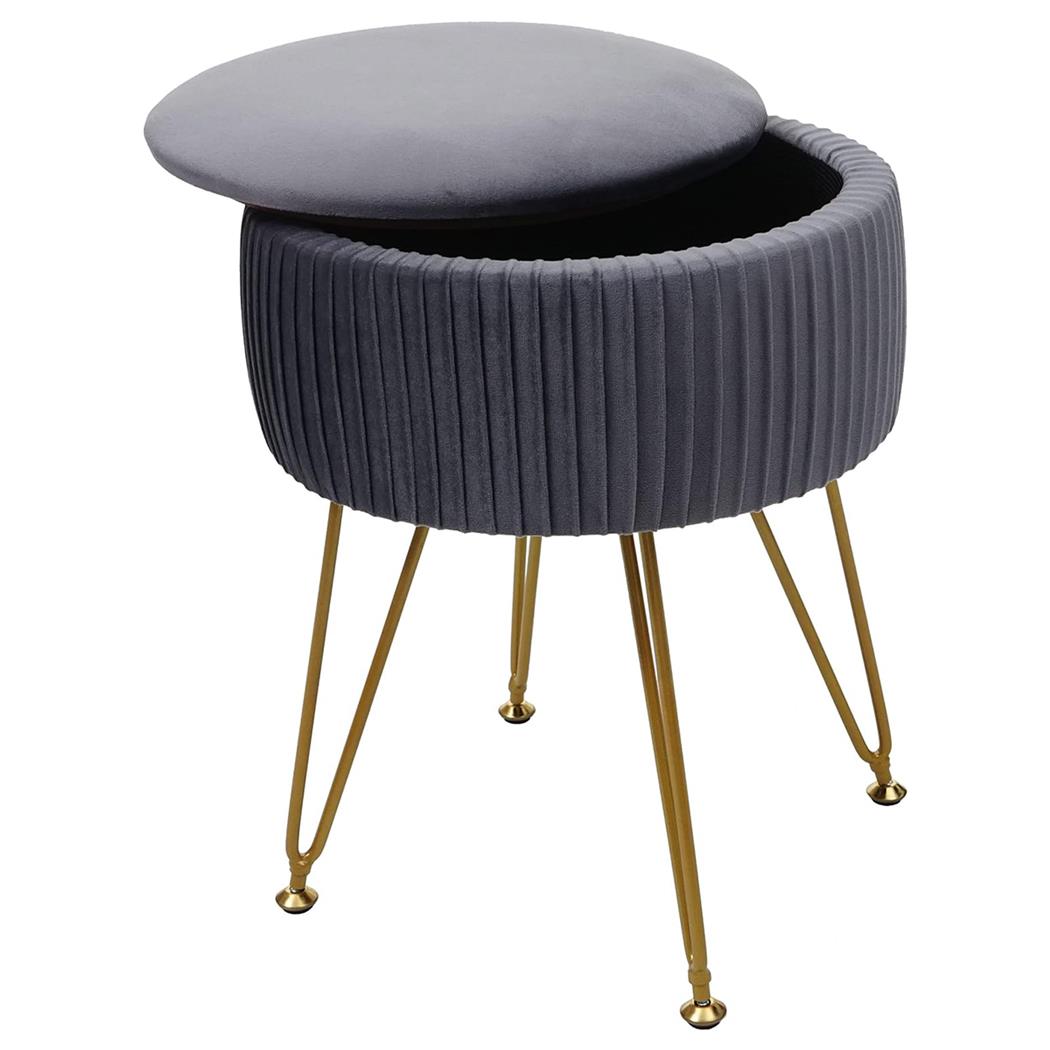 Taburete MEKO, Compartimento Portaobjetos, Patas Doradas, en Tela color Gris