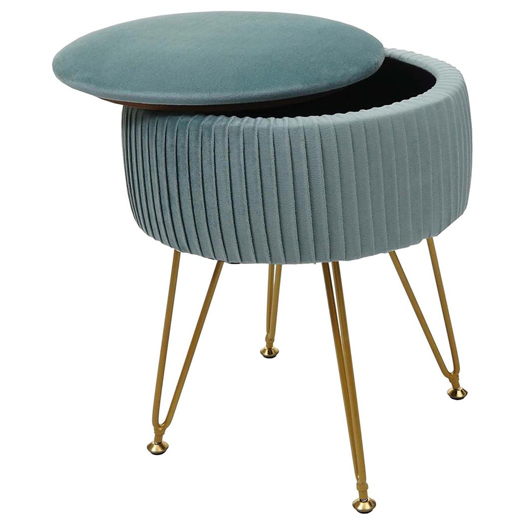 Taburete MEKO, Compartimento Portaobjetos, Patas Doradas, en Tela color Verde