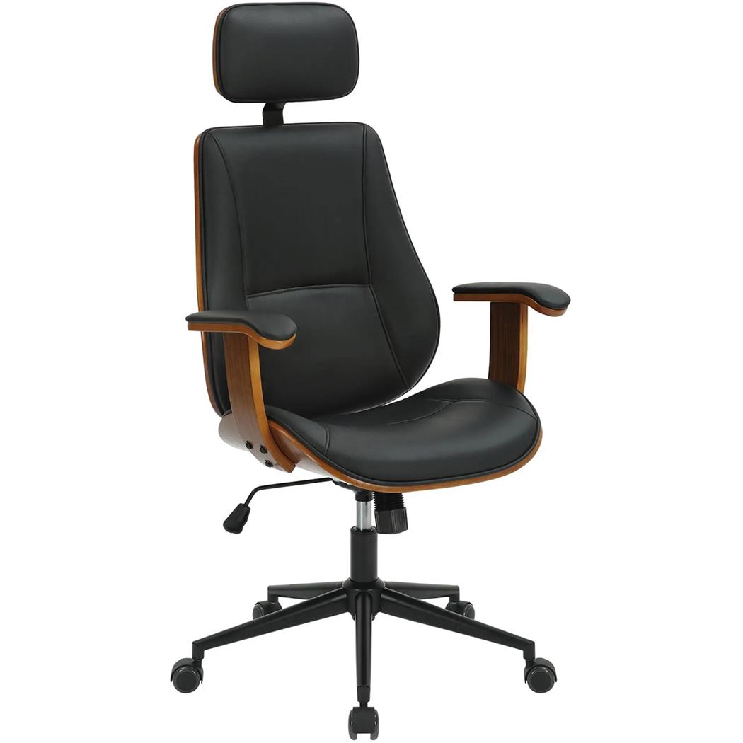 Silla de Oficina TUFI, Gran Acolchado, Elegante Diseño en Madera Nogal y Piel color Negro