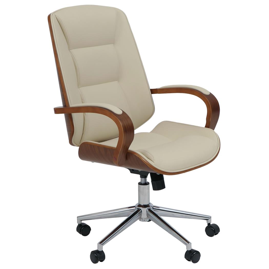 Silla de Oficina CLARIN, Grueso Acolchado, Elegante Diseño en Madera Nogal y Piel color Crema