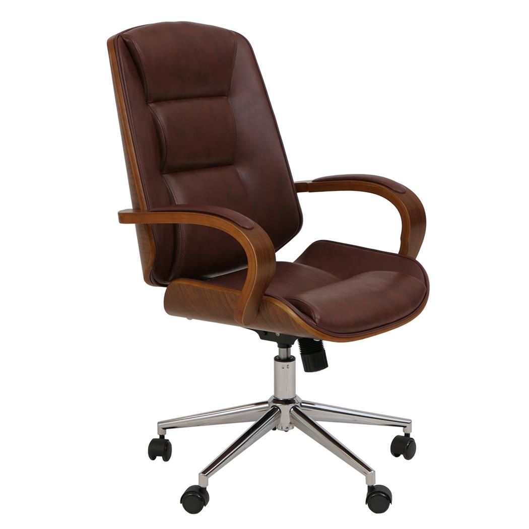 Silla de Oficina CLARIN, Grueso Acolchado, Elegante Diseño en Madera Nogal y Piel color Marrón