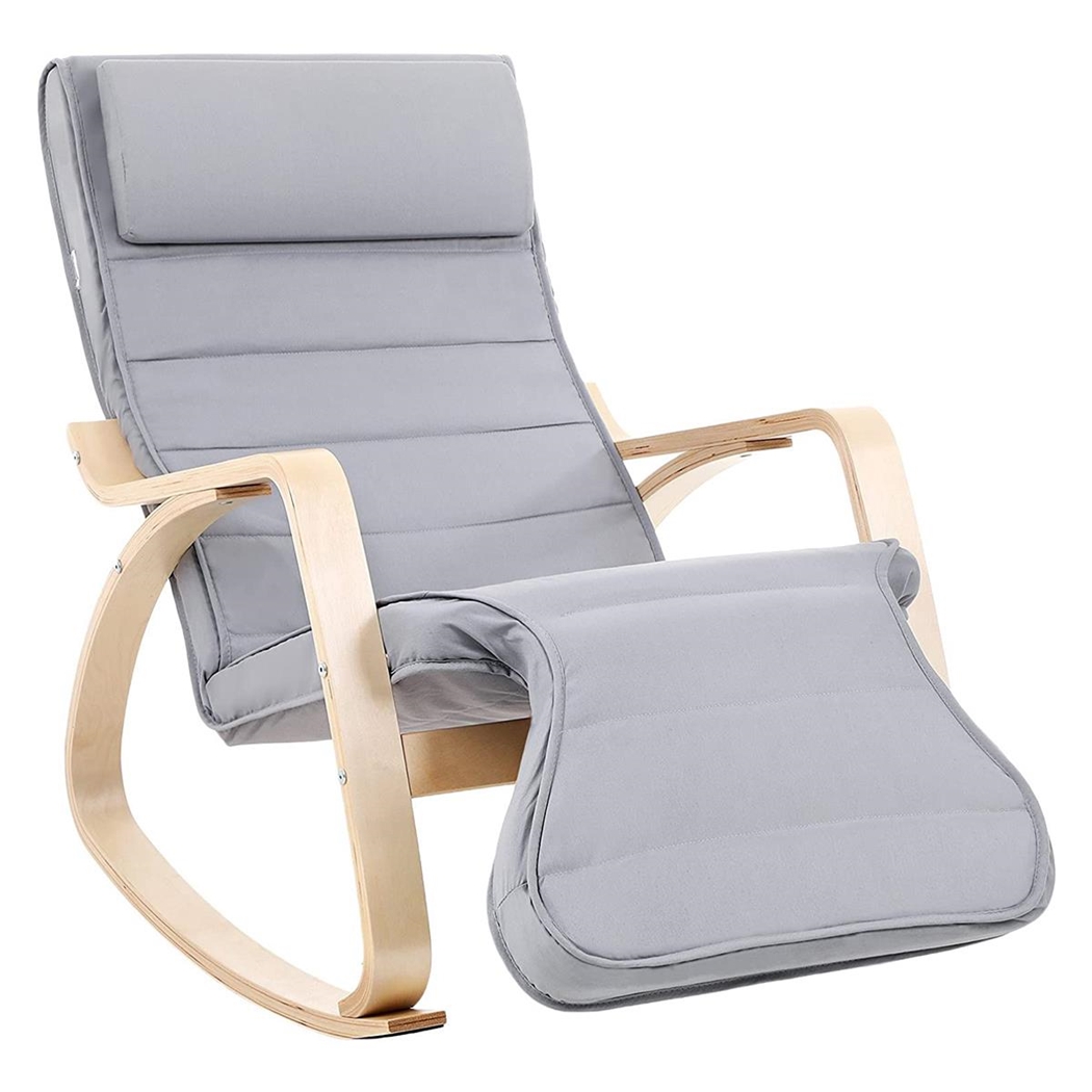 Sillón Mecedora SELMA, Gran acolchado, Estructura Madera Clara, Tela color Gris