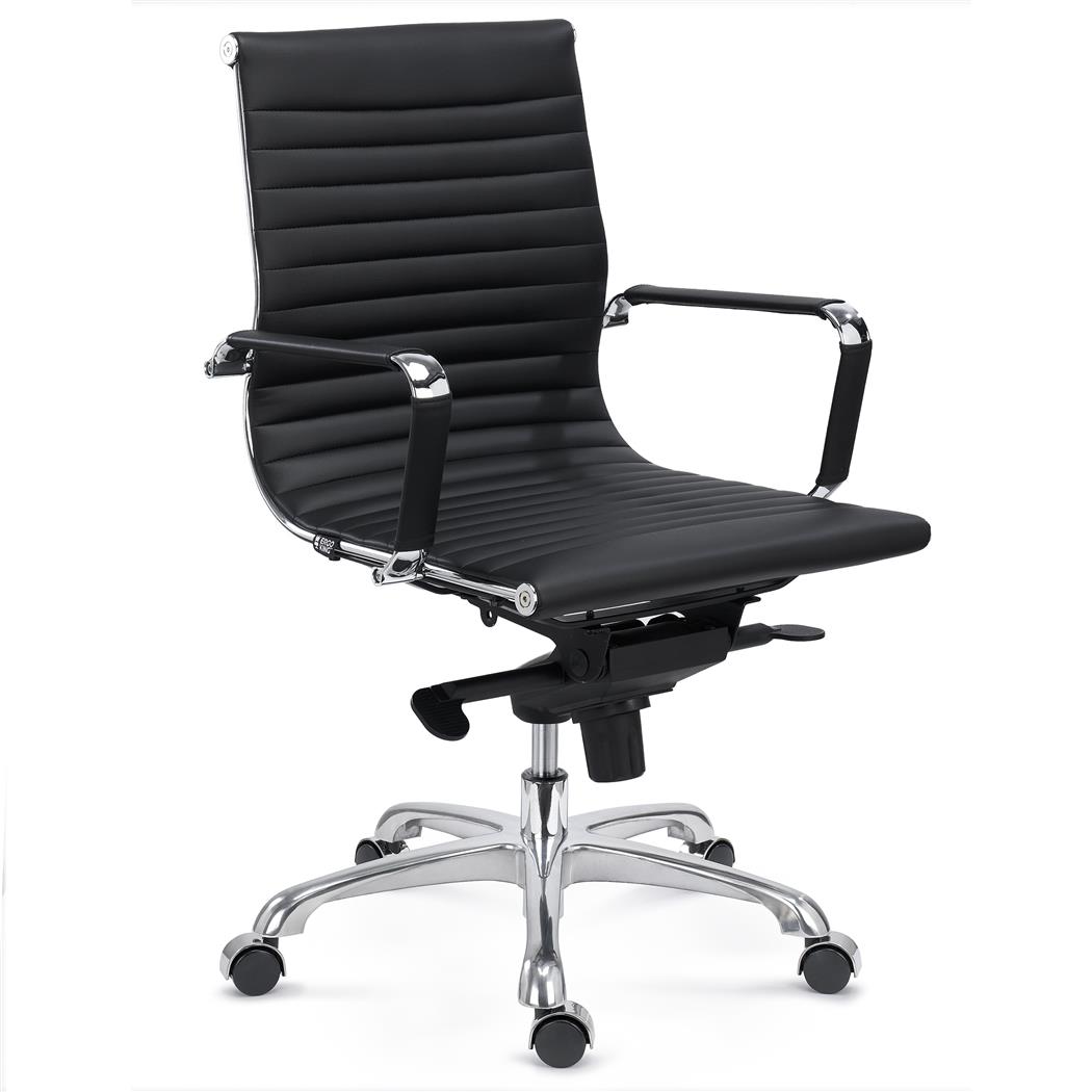 Silla de Oficina DORIS, Estructura Metálica Cromada, Respaldo Medio, Elegante Acabado, en Piel Negra