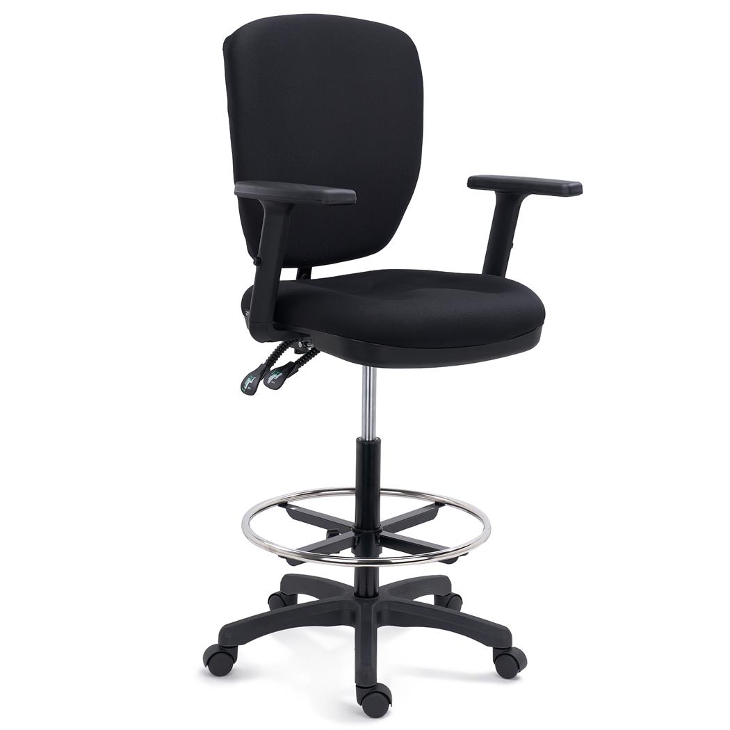 Taburete de Oficina TRADE, Brazos 3D, Mecanismo y Reposapiés Ajustables, Ergonómico, Tela Negra