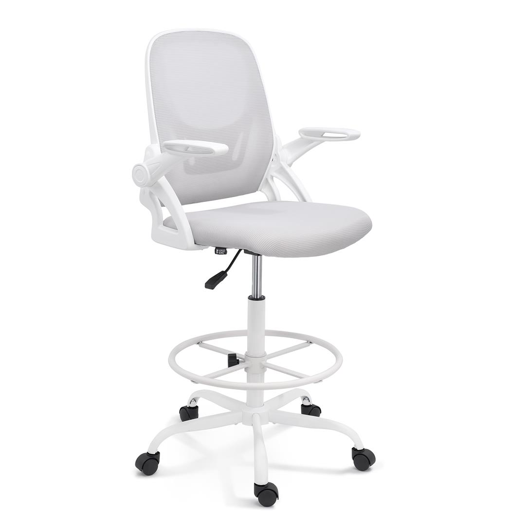 Taburete de Oficina GEAR, Brazos Abatibles, Reposapiés Ajustable, Soporte Lumbar, En Blanco y Gris