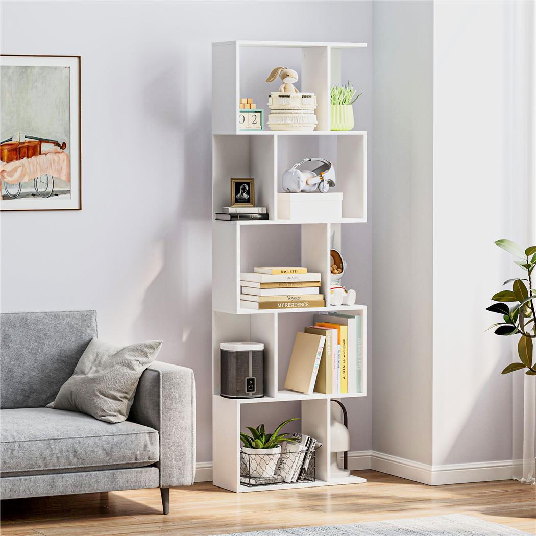 Estantería AMIX, Dimensiones 60x24x184,5 cm, Diseño en Forma de S, en Madera color Blanco