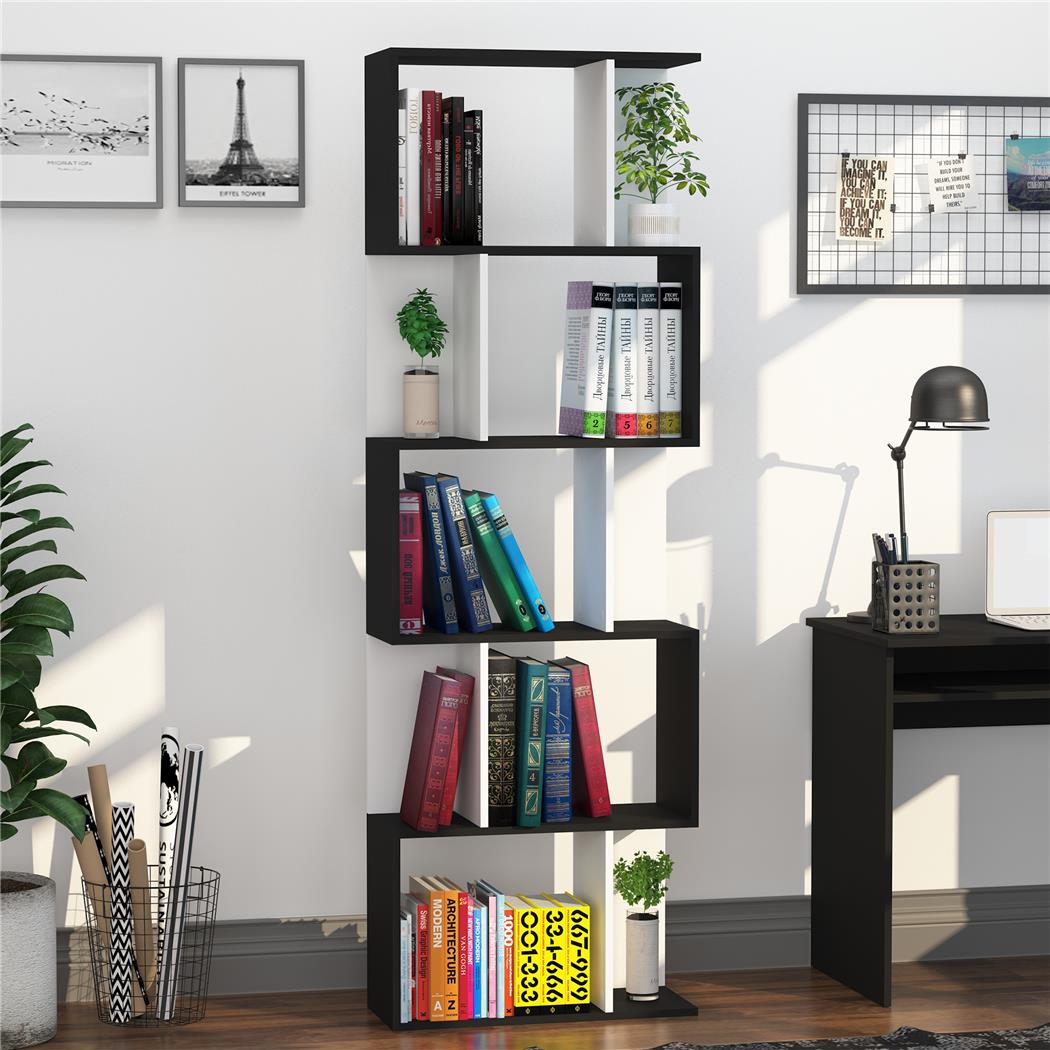 Estantería AMIX, Dimensiones 60x24x184,5 cm, Diseño en Forma de S, en Madera color Blanco y Negro
