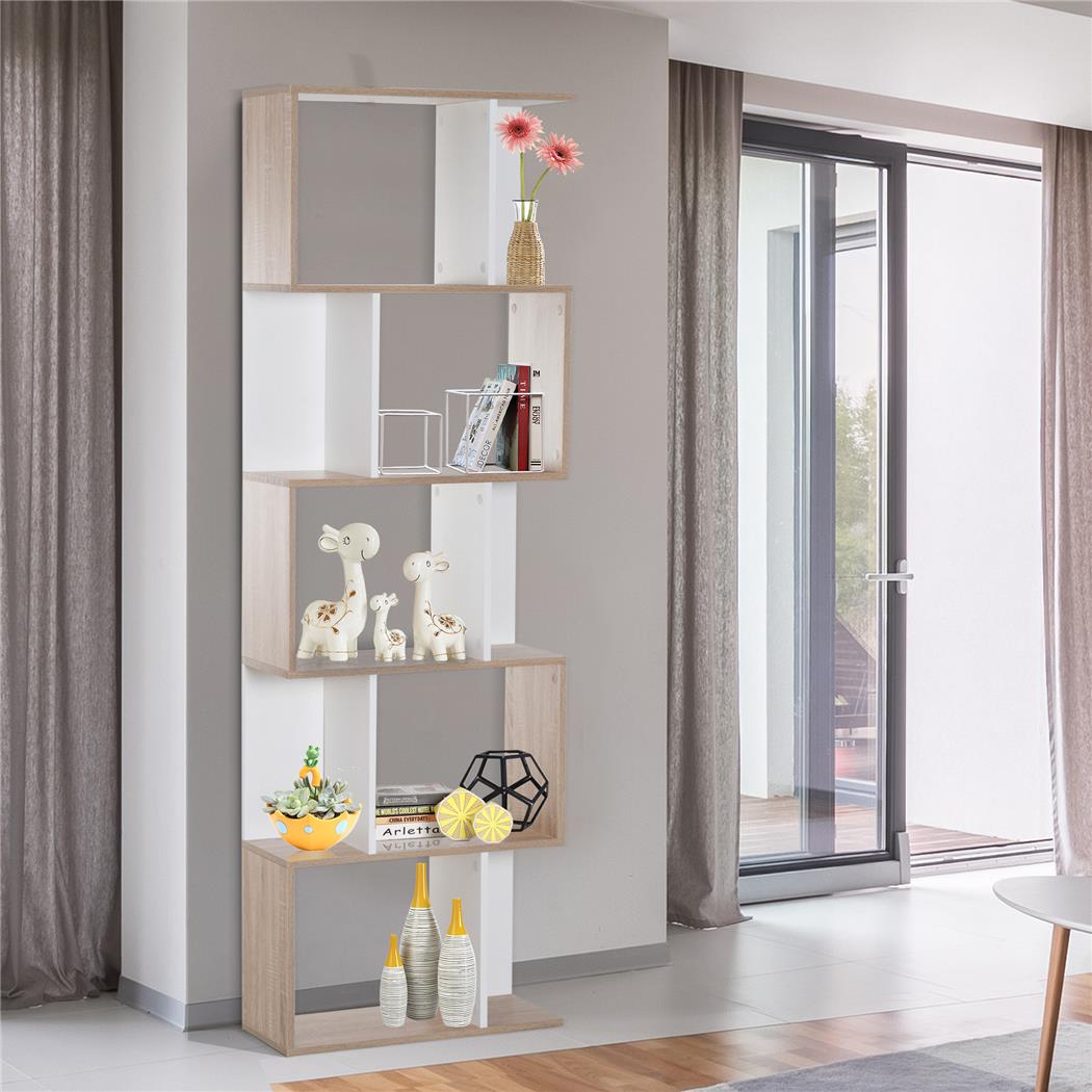 Estantería AMIX, Dimensiones 60x24x184,5 cm, Diseño en Forma de S, en Madera color Blanco y Roble
