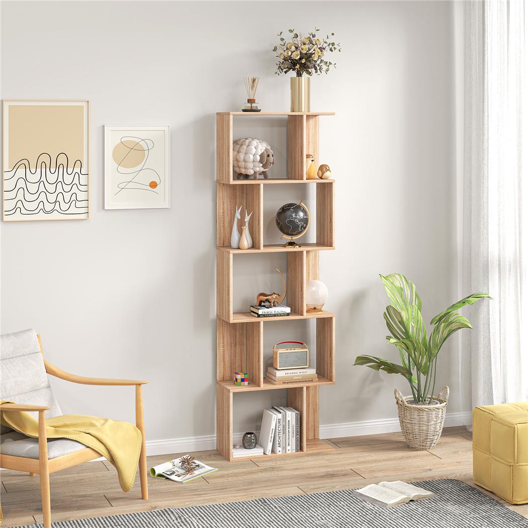 Estantería AMIX, Dimensiones 60x24x184,5 cm, Diseño en Forma de S, en Madera color Roble