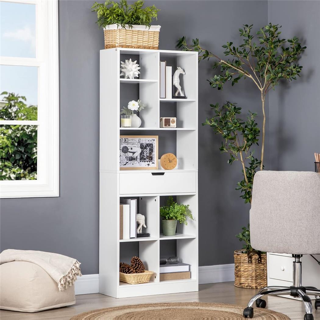 Estantería TIMBERLI, Dimensiones 60x26x158 cm, 9 Compartimentos y 1 Cajón, en Madera color Blanco 