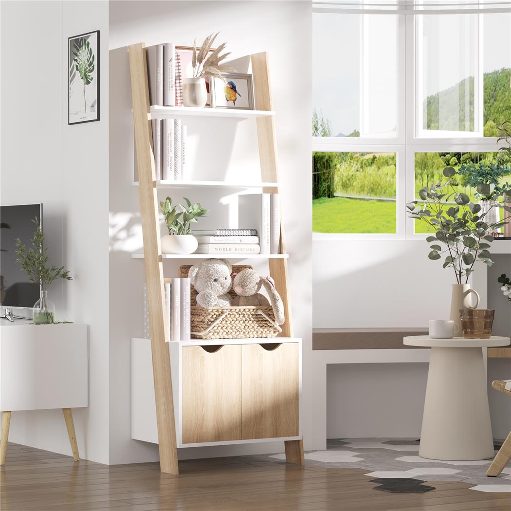Estantería ONXA 60x40x171 cm, Diseño Moderno en Escalera, en Madera Blanco y Roble