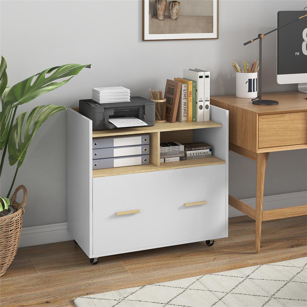 Armario auxiliar MISSI, 76x40x75,5 cm, con Ruedas, en Madera, color Blanco y Roble
