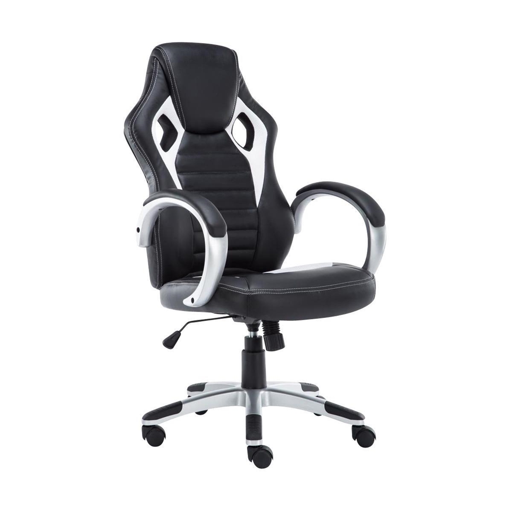 Silla Gaming ASCARI PRO, Diseño Deportivo y Gran Comodidad, Piel y Tela, en Negro y Blanco