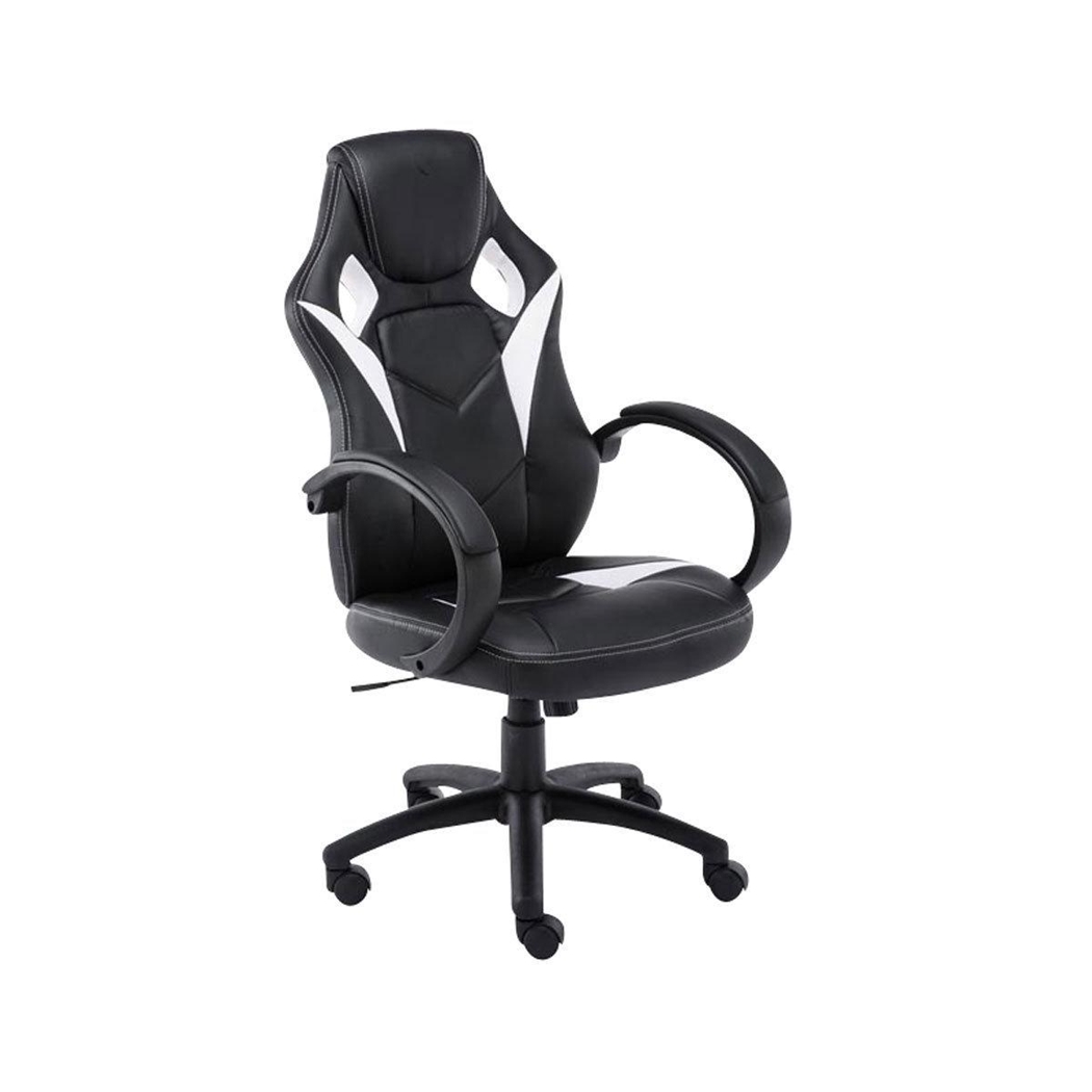 Silla Gaming JARAMA, Gran Comodidad y Diseño Deportivo, En Piel y Tela, Color Negro y Blanco