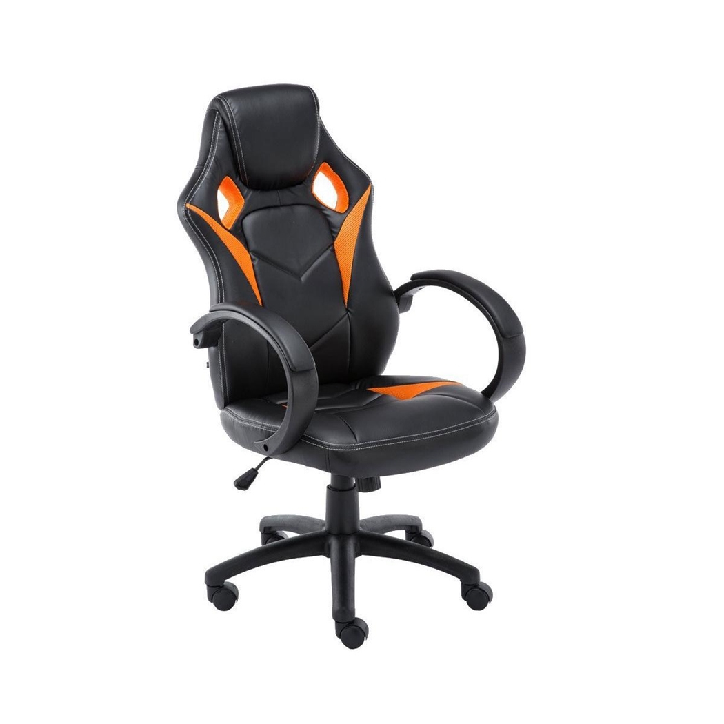 Silla Gaming JARAMA, Gran Comodidad y Diseño Deportivo, En Piel y Tela, Color Negro y Naranja
