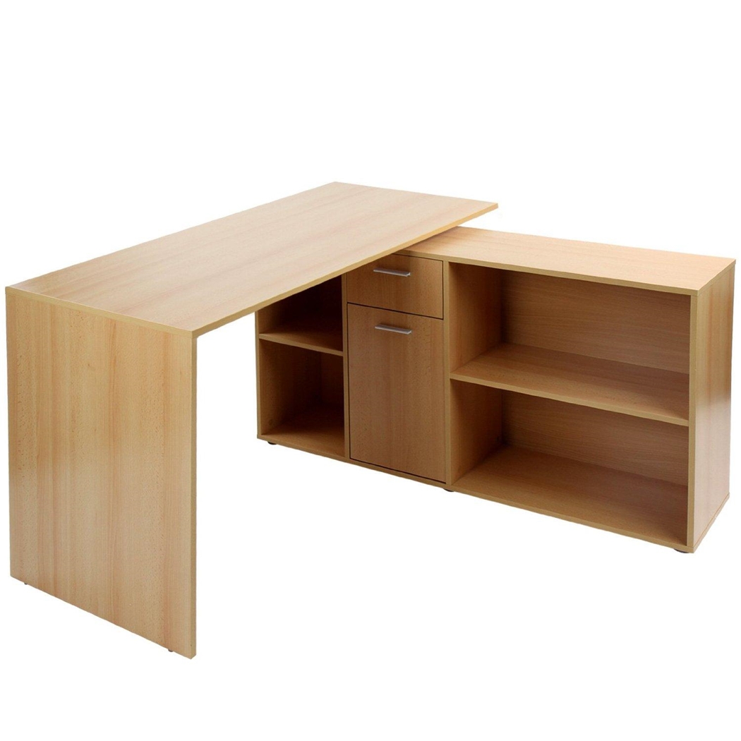 Mesa de Despacho Regulable FUJI, Estantes para Almacenaje, Amplia Superficie en Madera color Haya